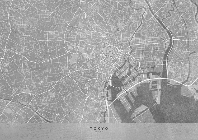 Plagát Map of Tokyo (Japan) in gray vintage style