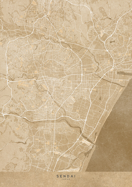 Poster Map of Sendai (Japan) in sepia vintage style