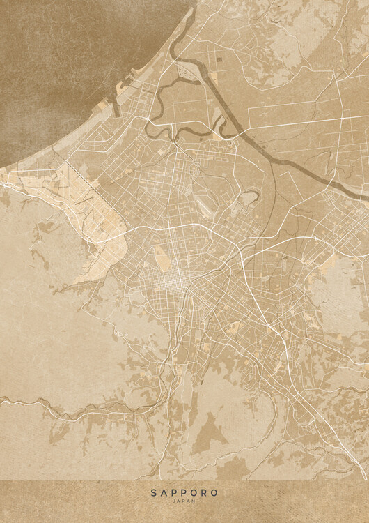 Poster Map of Sapporo (Japan) in sepia vintage style