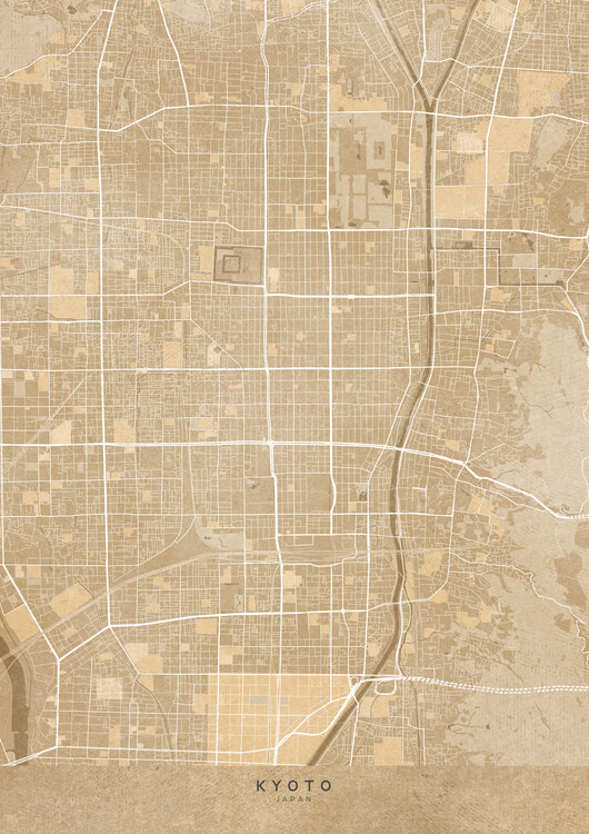 Plakát Map of Kyoto downtown (Japan) in sepia vintage style