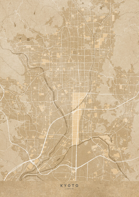 Plakát Map of Kyoto (Japan) in sepia vintage style