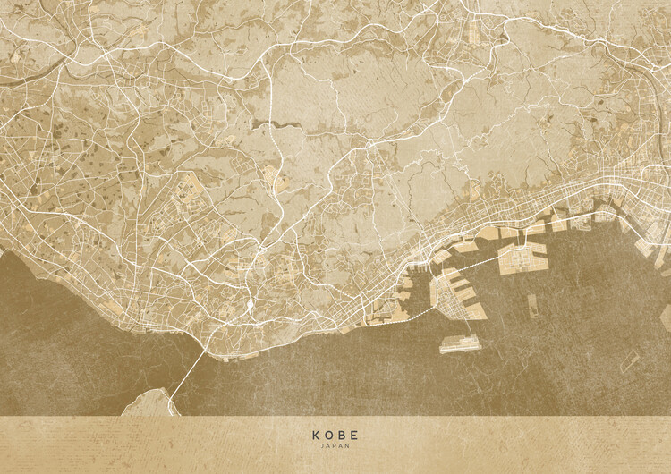 Poster Map of Kobe (Japan) in sepia vintage style