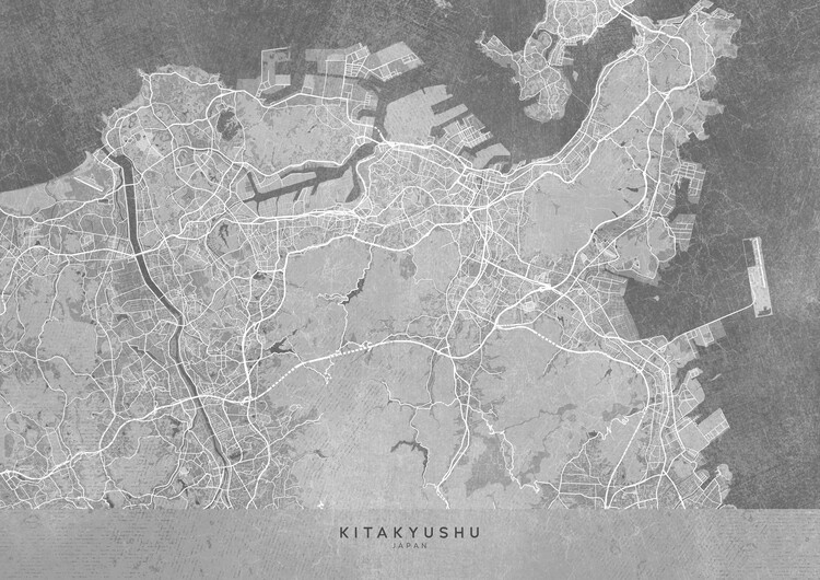 Poster Map of Kitakyushu (Japan) in gray vintage style