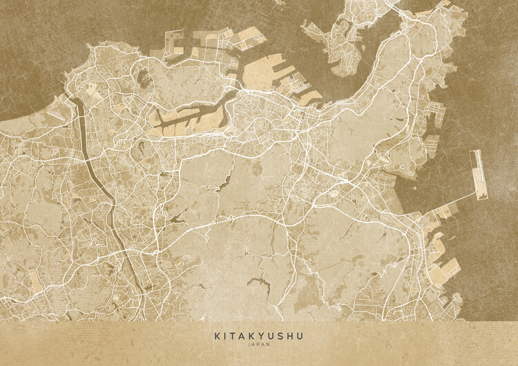 Poster Map of Kitakyushu (Japan) in sepia vintage style