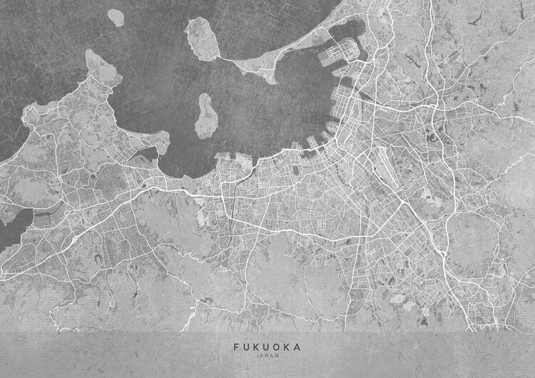 Poster Map of Fukuoka (Japan) in gray vintage style