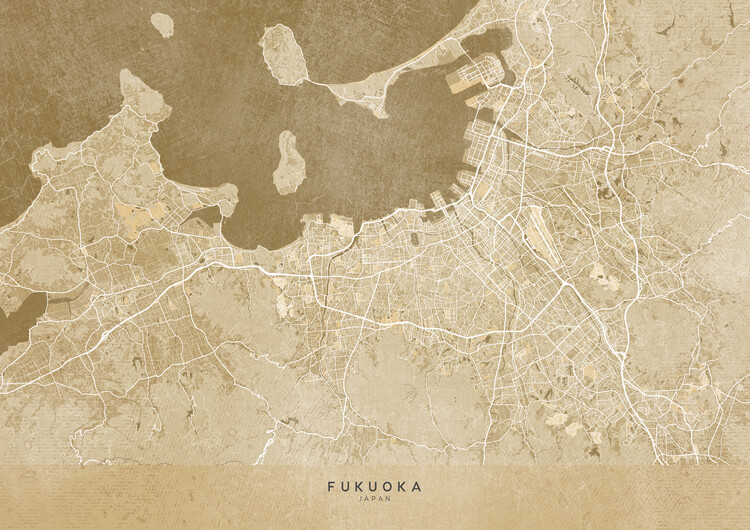 Poster Map of Fukuoka (Japan) in sepia vintage style
