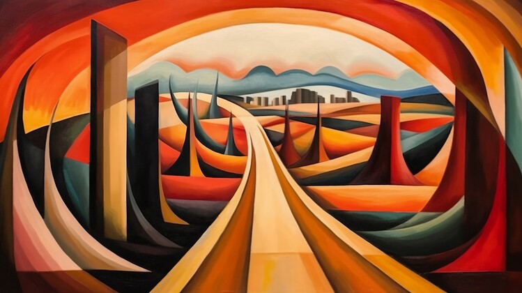 Poster A dynamic cubist painting of a road