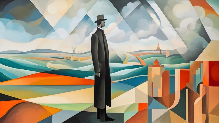 Poster A dynamic, cubist painting of a person standing on a hilltop