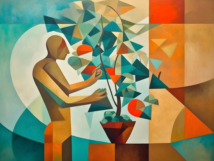 Poster Geometric, abstract style, cubist painting of a person plant