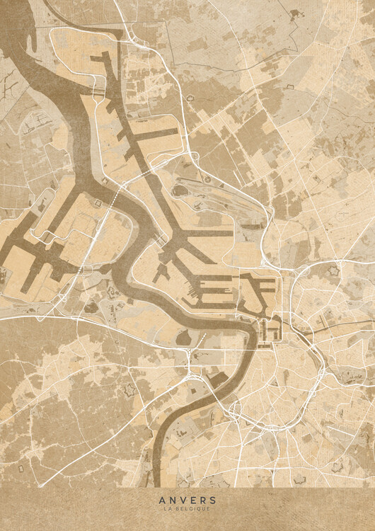 Plakát Map of Antwerp (Belgium) in sepia vintage style