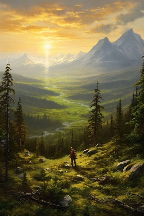 Poster mountain landscape at sunrise, with a lone hiker standing a