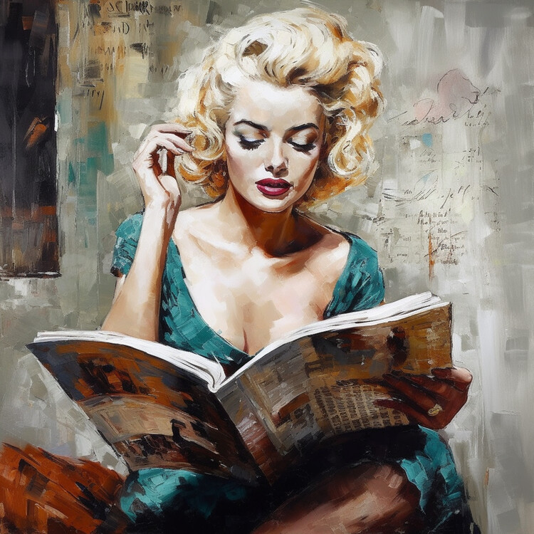 Poster Vintage Classic Blonde Woman With Red Lips Reading Painting