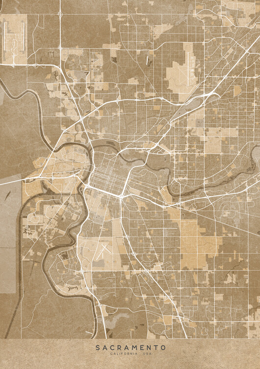 Juliste Map of Sacramento (CA, USA) in sepia vintage style