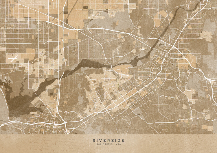 Juliste Map of Riverside (CA, USA) in sepia vintage style