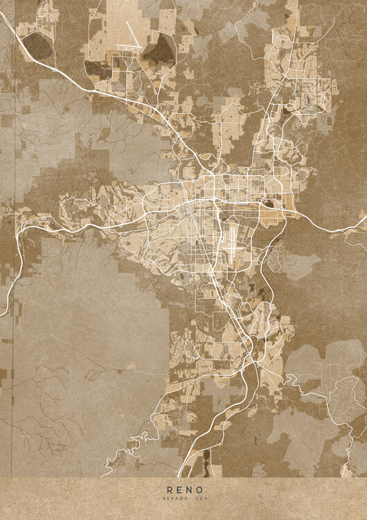 Juliste Map of Reno (NV, USA) in sepia vintage style