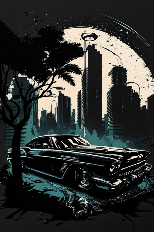 Poster Classical Black Car Camaro Driving Into The Night, Chevrolet