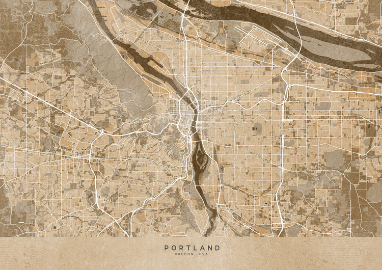 Juliste Map of Portland (OR, USA) in sepia vintage style