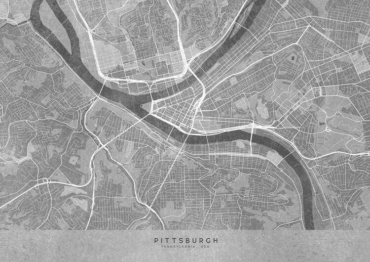 Juliste Map of Pittsburgh (PA, USA) in gray vintage style