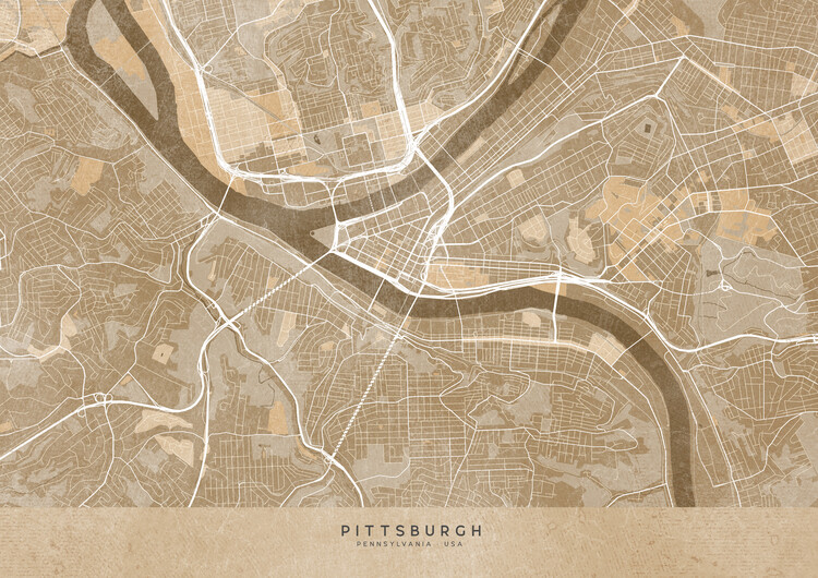 Juliste Map of Pittsburgh (PA, USA) in sepia vintage style