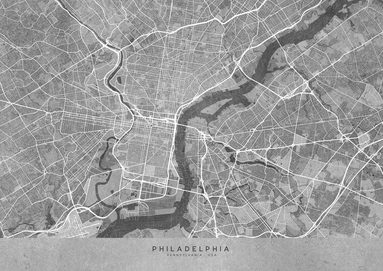 Juliste Map of Philadelphia (PA, USA) in gray vintage style