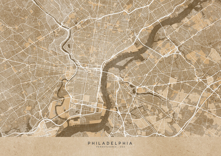 Juliste Map of Philadelphia (PA, USA) in gray vintage style