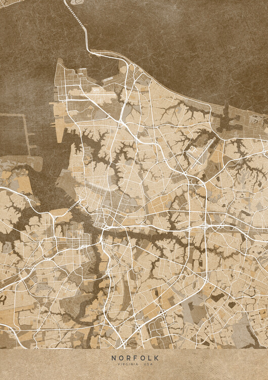 Poster Map of Norfolk (VA, USA) in sepia vintage style