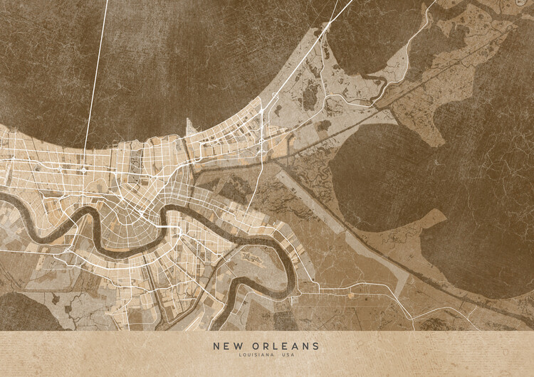 Poster Map of New Orleans (LA, USA) in sepia vintage style