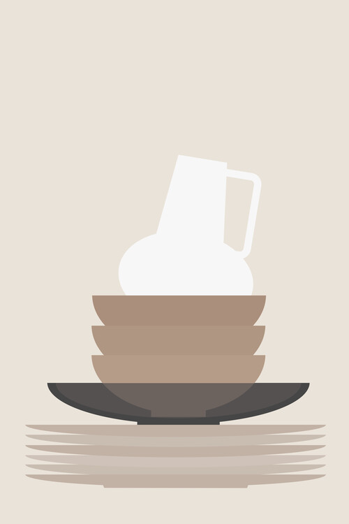 Plakát Pile of dishes and vase in sepia
