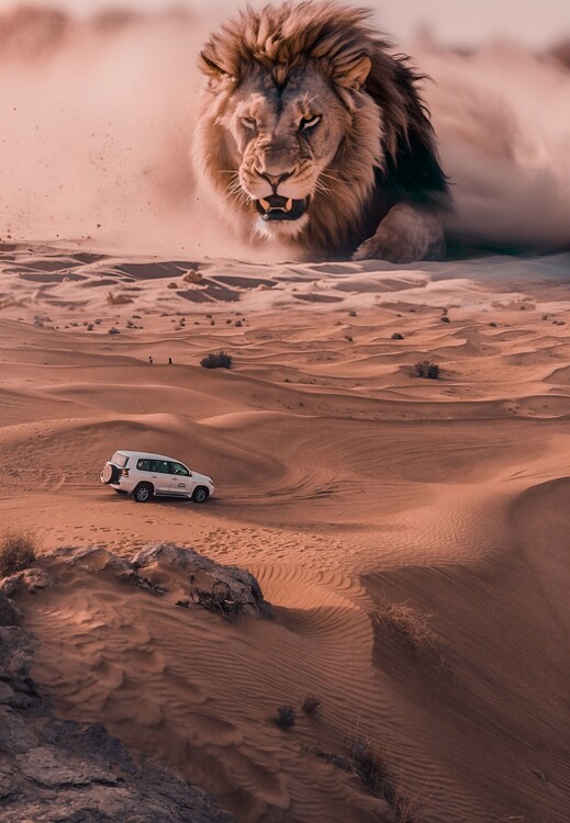 Plakát Giant lion and 4x4 in the desert