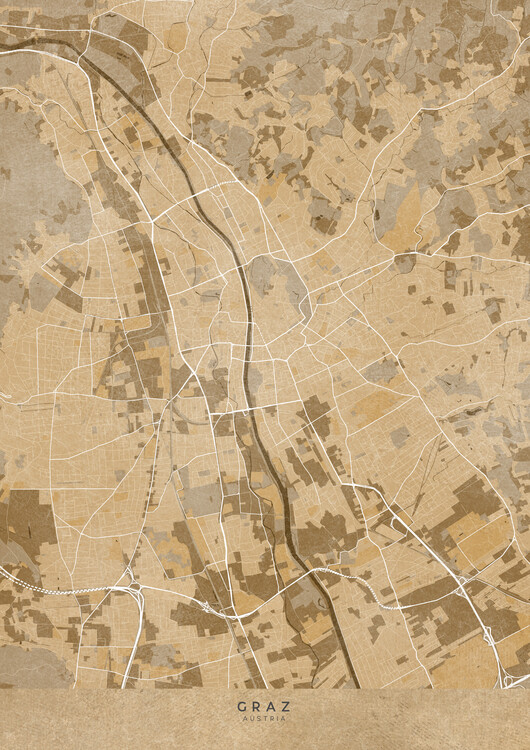 Plagát Map of Graz (Austria) in sepia vintage style
