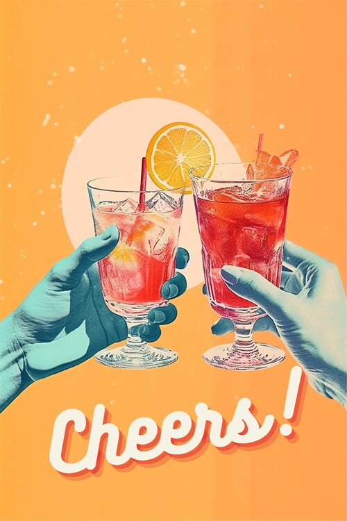 Poster Retro Cheers Wall Art, Vintage Summer Drink and Cocktail