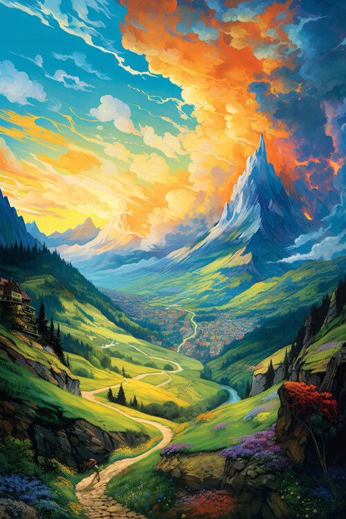 Poster Village under the Mountains Vibrant Painting