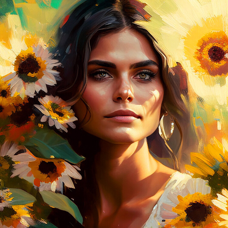 Poster Abstract beautiful Mexican woman portrait & sunflowers