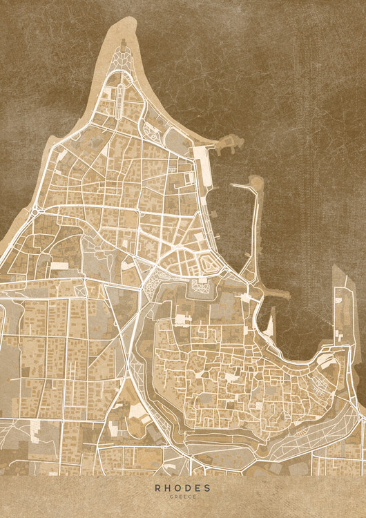 Poster Map of Rhodes (Greece) in sepia vintage style
