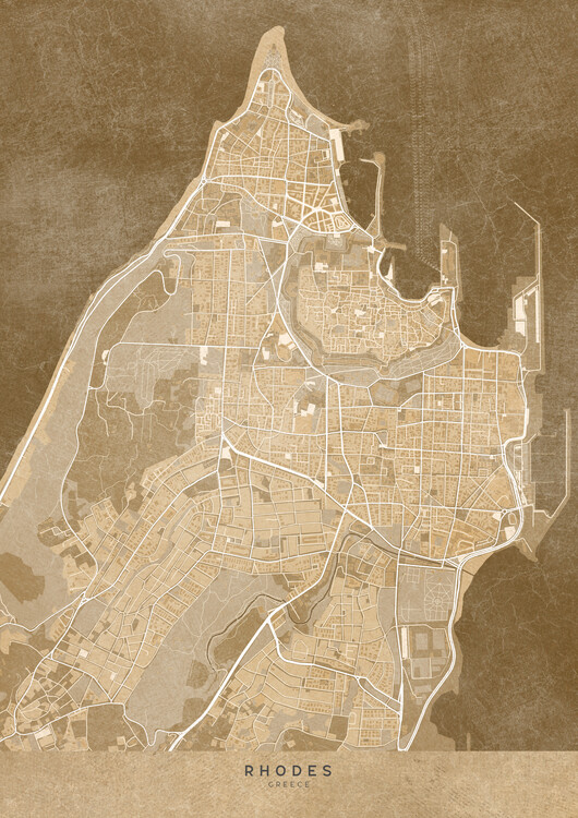 Poster Map of Rhodes (Greece) in sepia vintage style (II)