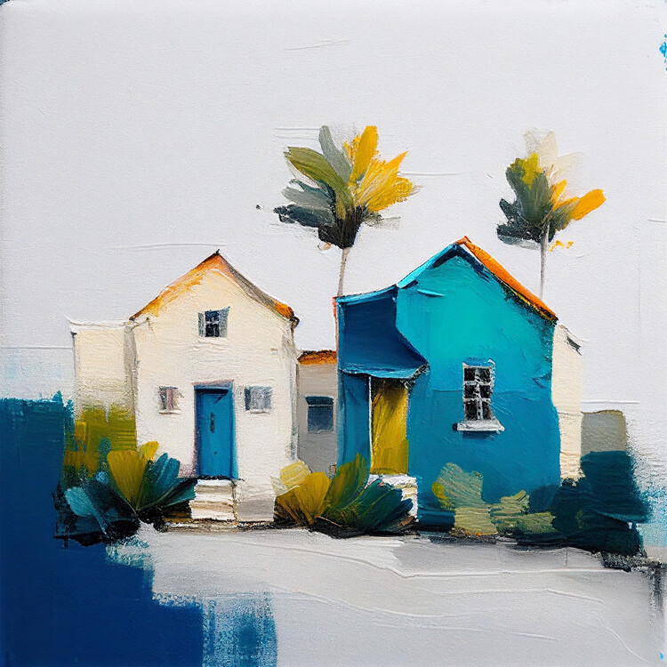 Poster Minimalist Oil painting, Beautiful colorful beach cottage