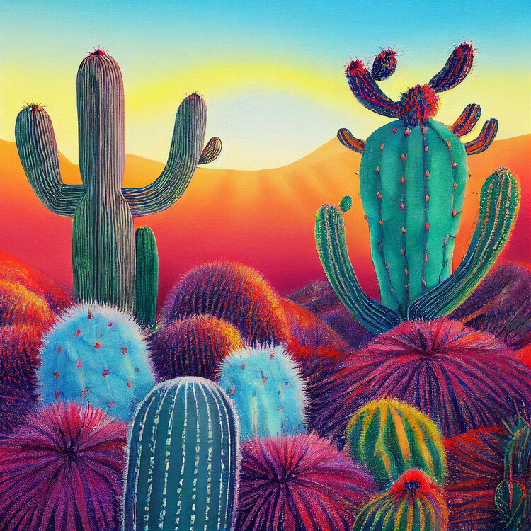 Poster fall color painting, Sunset on Cactus Plateaus, Desert Bloom
