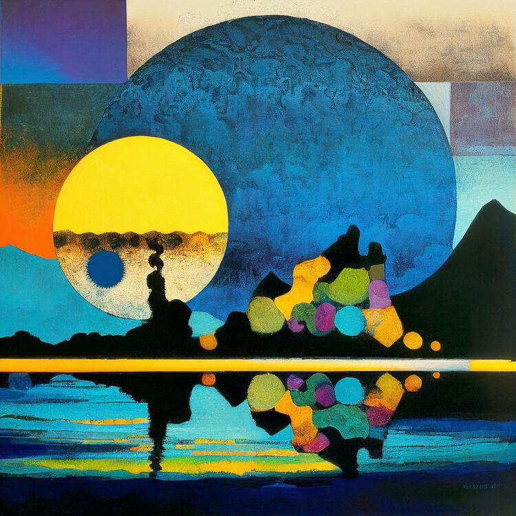 Poster Painting of sunset in colors, and reflection on the water