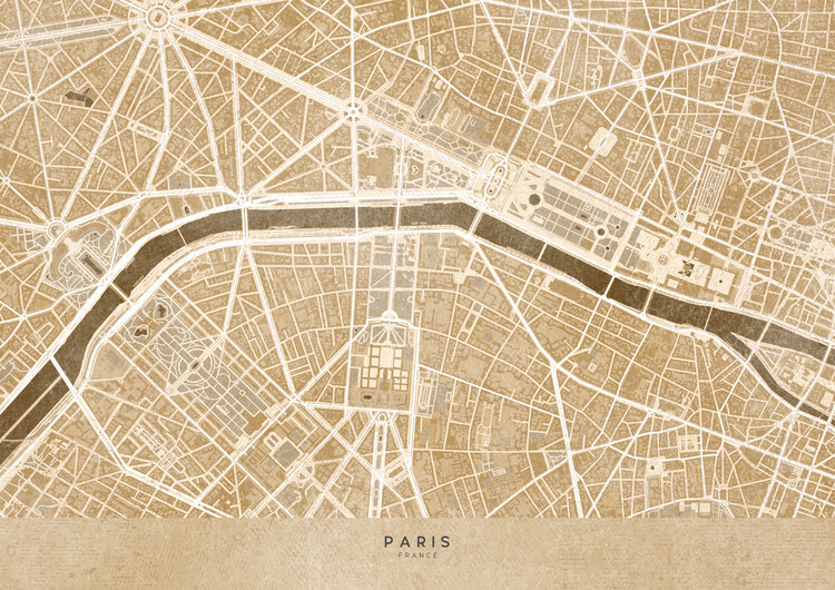 Poster Map of Paris (France) II in sepia vintage style