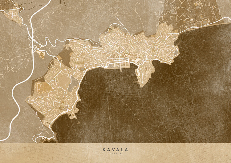 Poster Map of Kavala (Greece) in sepia vintage style