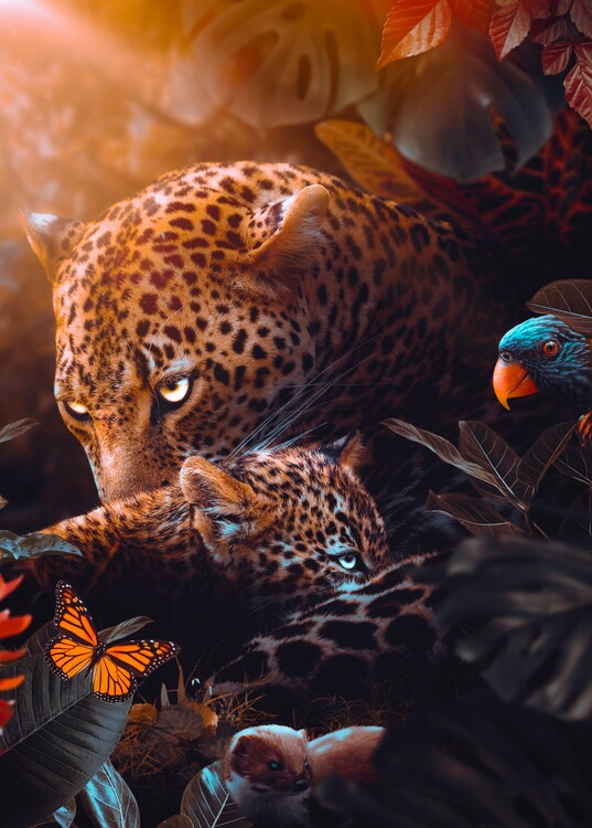 Plagát Leopard mother and her cute baby