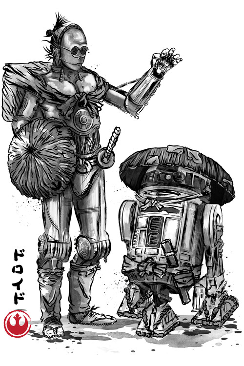 Póster Samurai droids sumi e