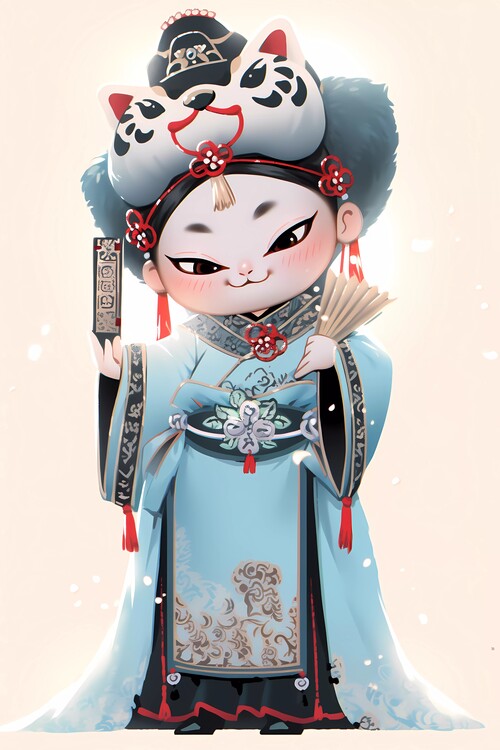 Poster Cute Japanese Cat Geisha: Enchanting Masquerade Dance