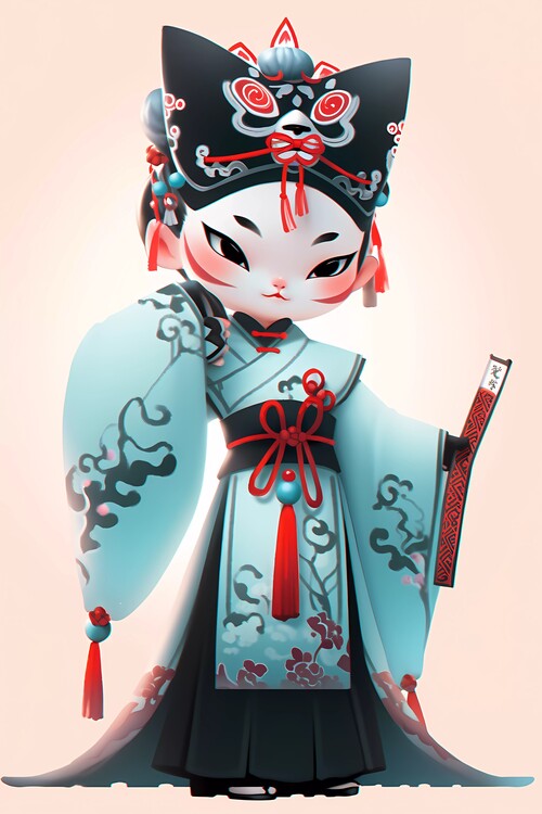 Poster Dancing Japanese Geisha Cute Cat in Masquerade Opera