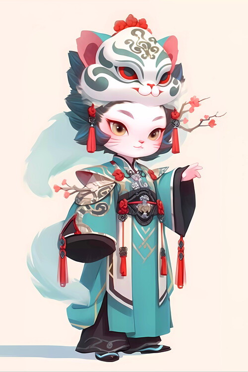 Poster Japanese Cute Cat Masquerade in Geisha Opera Dance