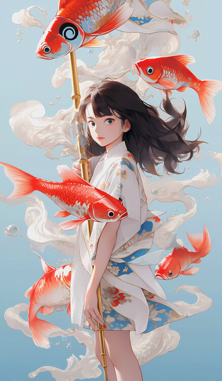 Poster Kimono Elegance: Manga Girl with Floating Fish in Japan