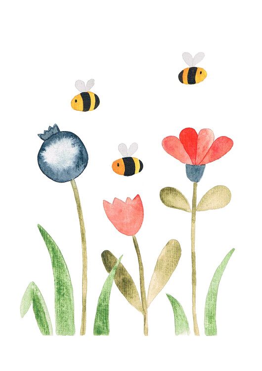 Poster Watercolor flowers and bees
