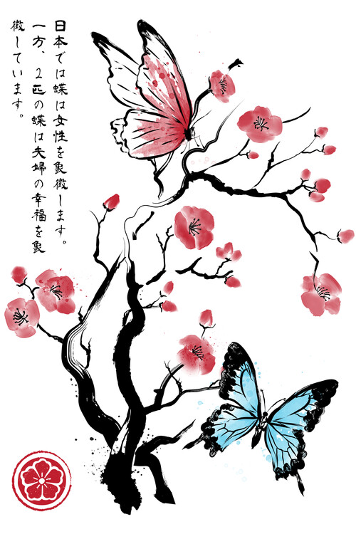 Poster Two butterflies sumi e