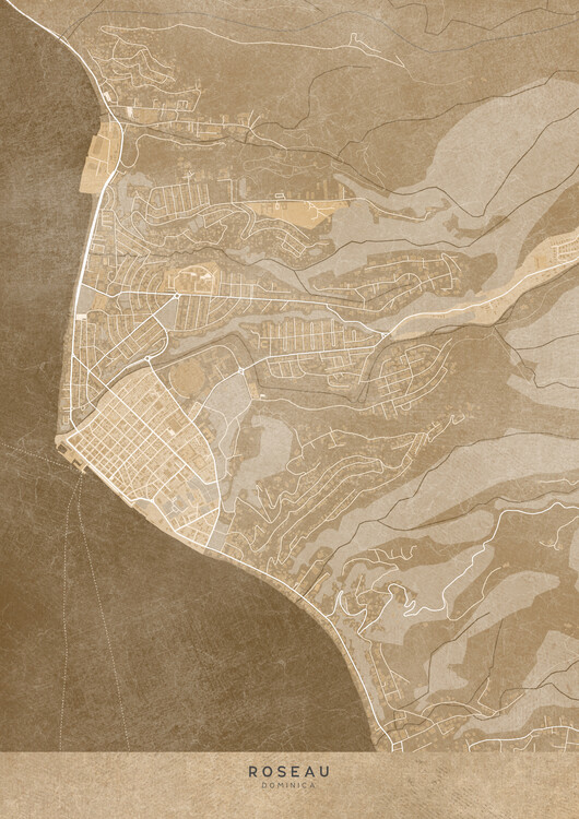 Poster Map of Roseau (Dominica) in sepia vintage style
