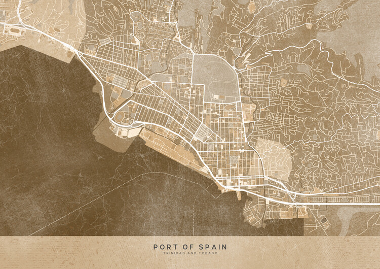 Плакат Map of Port of Spain (Trinidad and Tobago) in sepia
